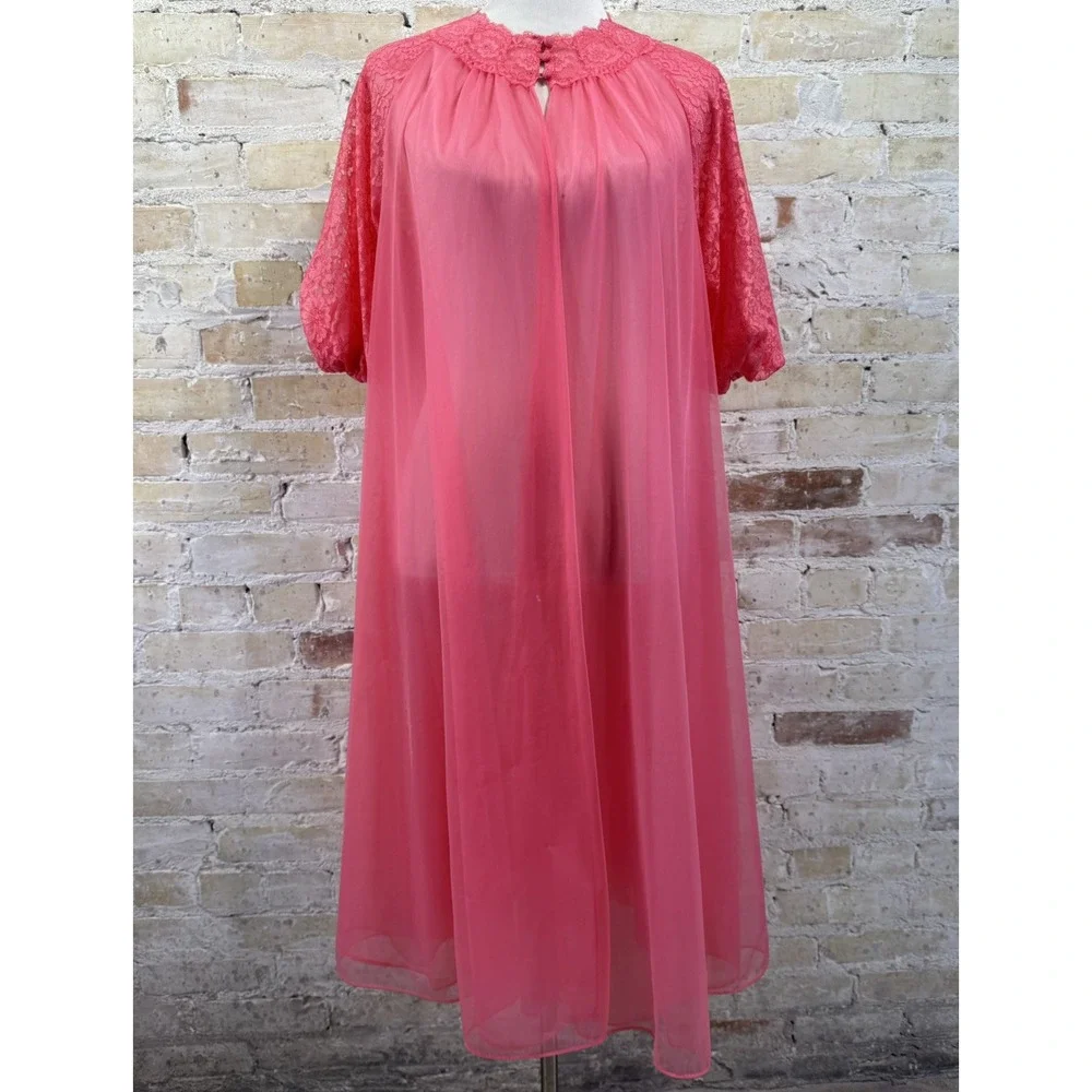 Pink Chiffon Nightgown Peignoir Robe Barbie Ballerina Sissy Coquette Vintage 60s - Picture 8 of 15